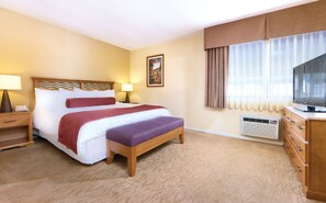 Een hotelkamer met een bed, nachtlampjes, een televisie, een dressoir en een raam met gordijnen.