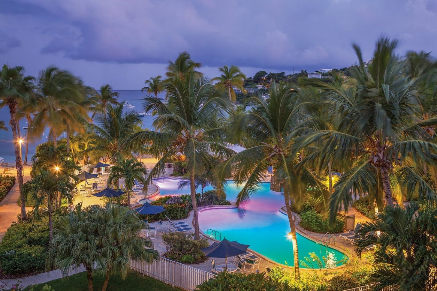 A resort with a swimming pool, palm trees, and a view of the ocean.