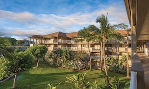 Un hotel de varios pisos con balcones, rodeado de vegetación exuberante y palmeras.