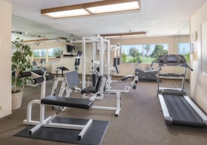 A gym with exercise equipment, a treadmill, and a view of the outdoors. - Palm Springs | Couples Desert Retreat | Pool + Hot Tub (Palm Springs)