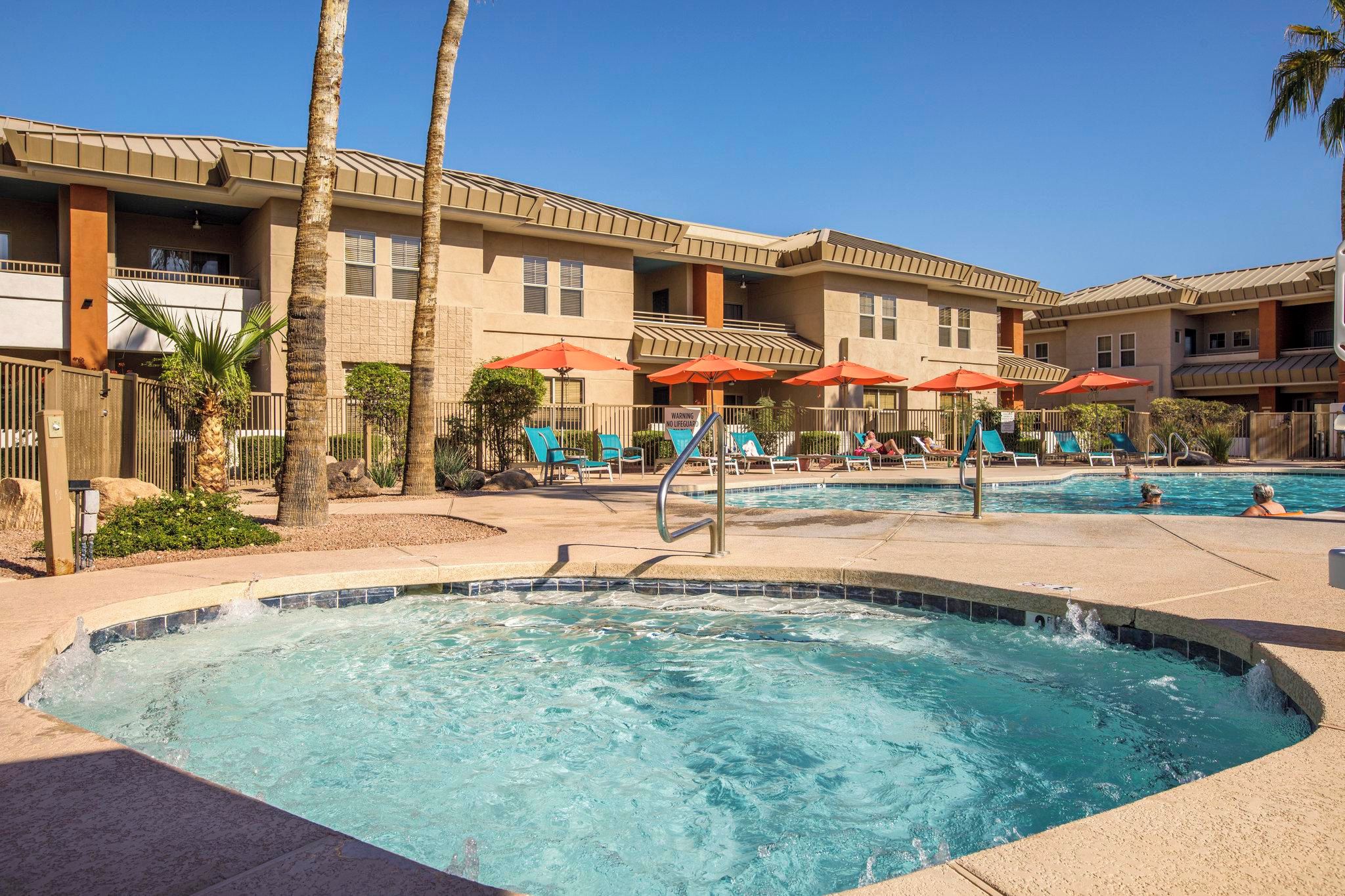 A hotel with a swimming pool, lounge chairs, and palm trees.