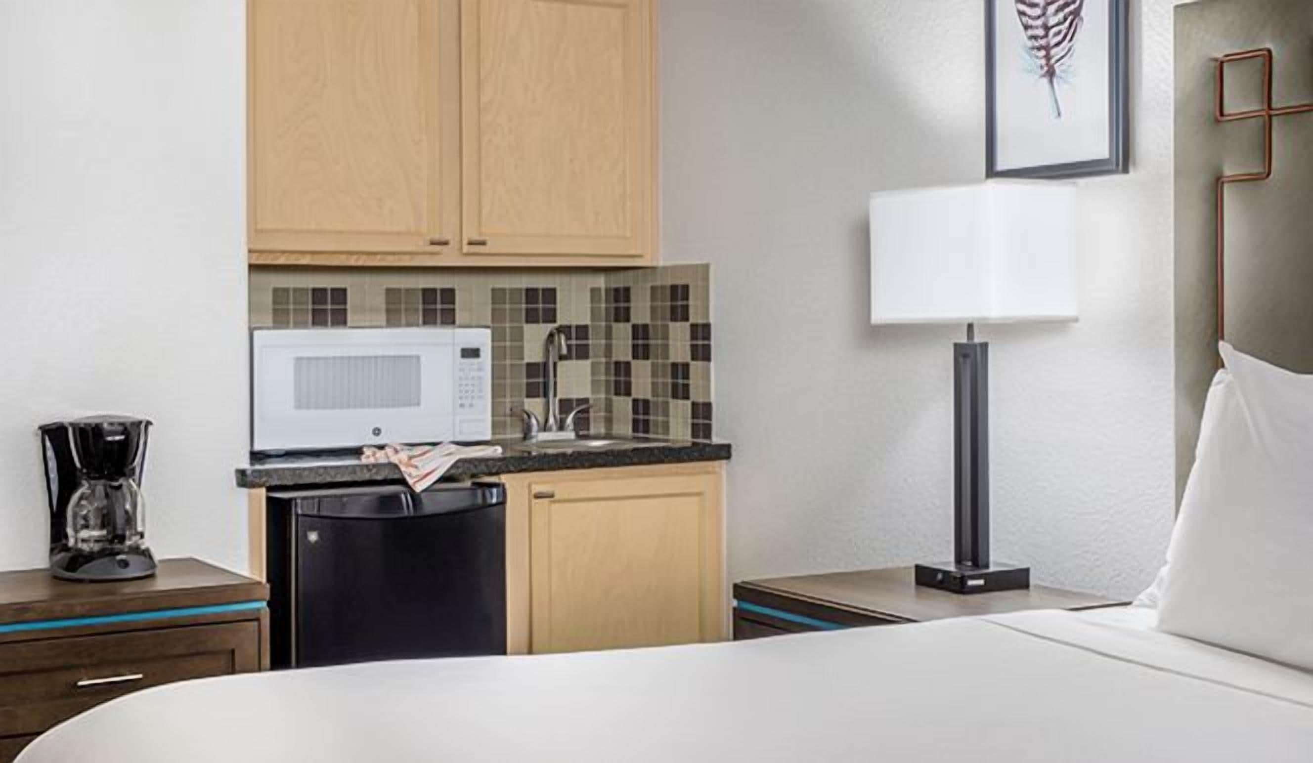A compact hotel room with a bed, a small kitchenette with a microwave, a sink, and a coffee maker.