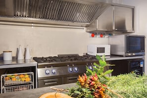 A commercial kitchen with stainless steel appliances, including a stove, microwave, and oven. - Holiday home 'Dimora Dei Frati - Wundergarten' with mountain view, Wi-Fi and air conditioning (Gratteri)