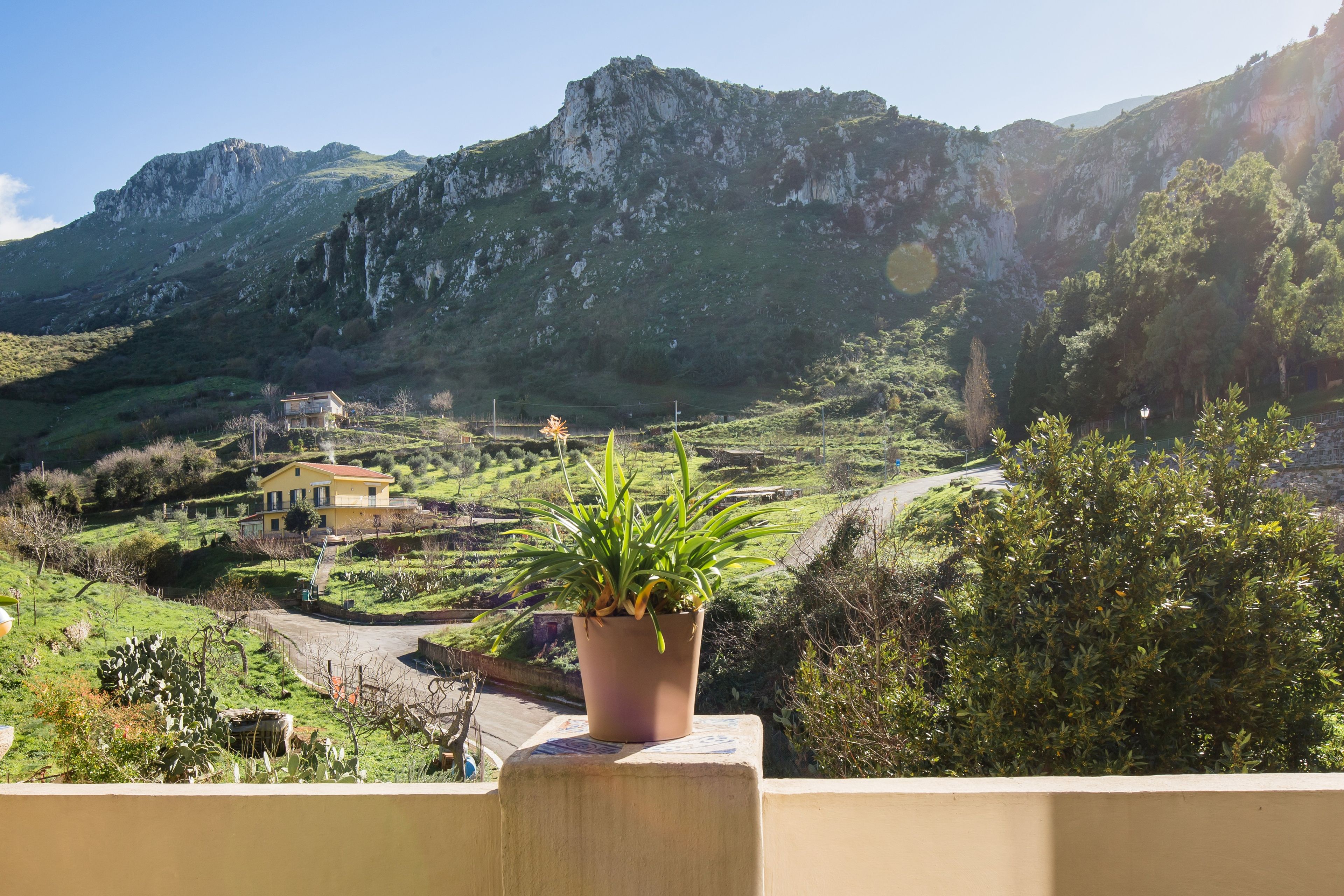 Ein Balkon mit einer Topfpflanze, mit Blick auf eine gebirgige Landschaft, ein Gebäude und eine Straße.