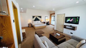 Una habitación de hotel con una cama, un escritorio, un televisor y un sofá.
