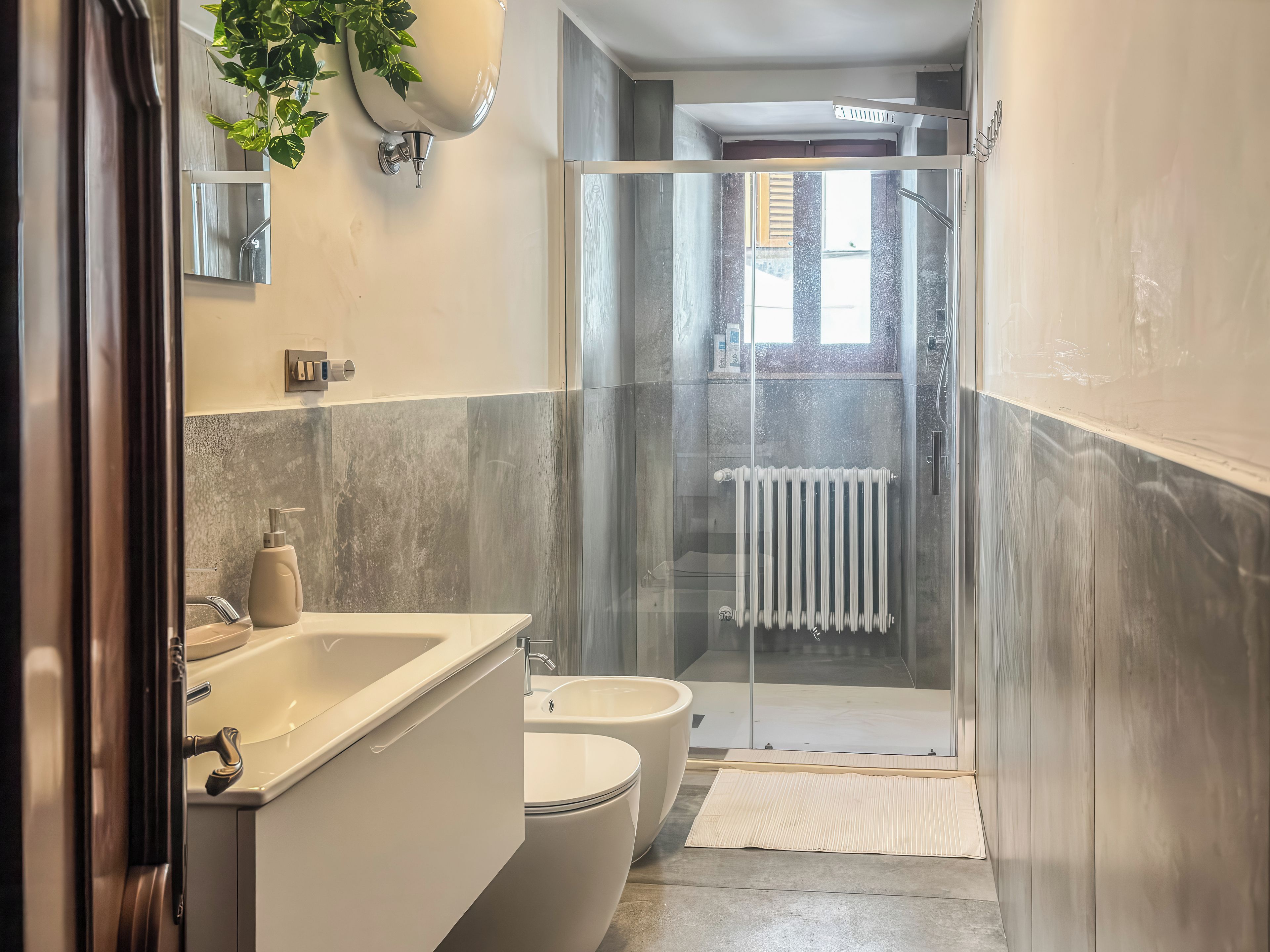A modern bathroom with a glass-enclosed shower, a white sink, and a toilet.