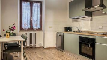 A modern kitchen with a built-in dishwasher, oven, and a window with curtains.