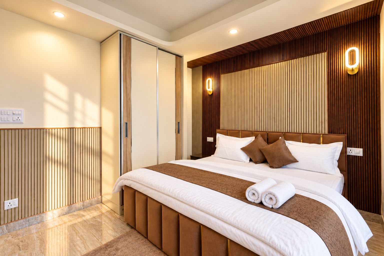 A modern hotel room with a large bed, wooden paneling, and built-in lighting.