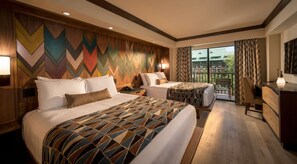 A hotel room with two beds, a desk, a chair, and a balcony with a view. - Orlando | Family Lodge Retreat | Pool + Resort | 2BR (Lake Buena Vista)