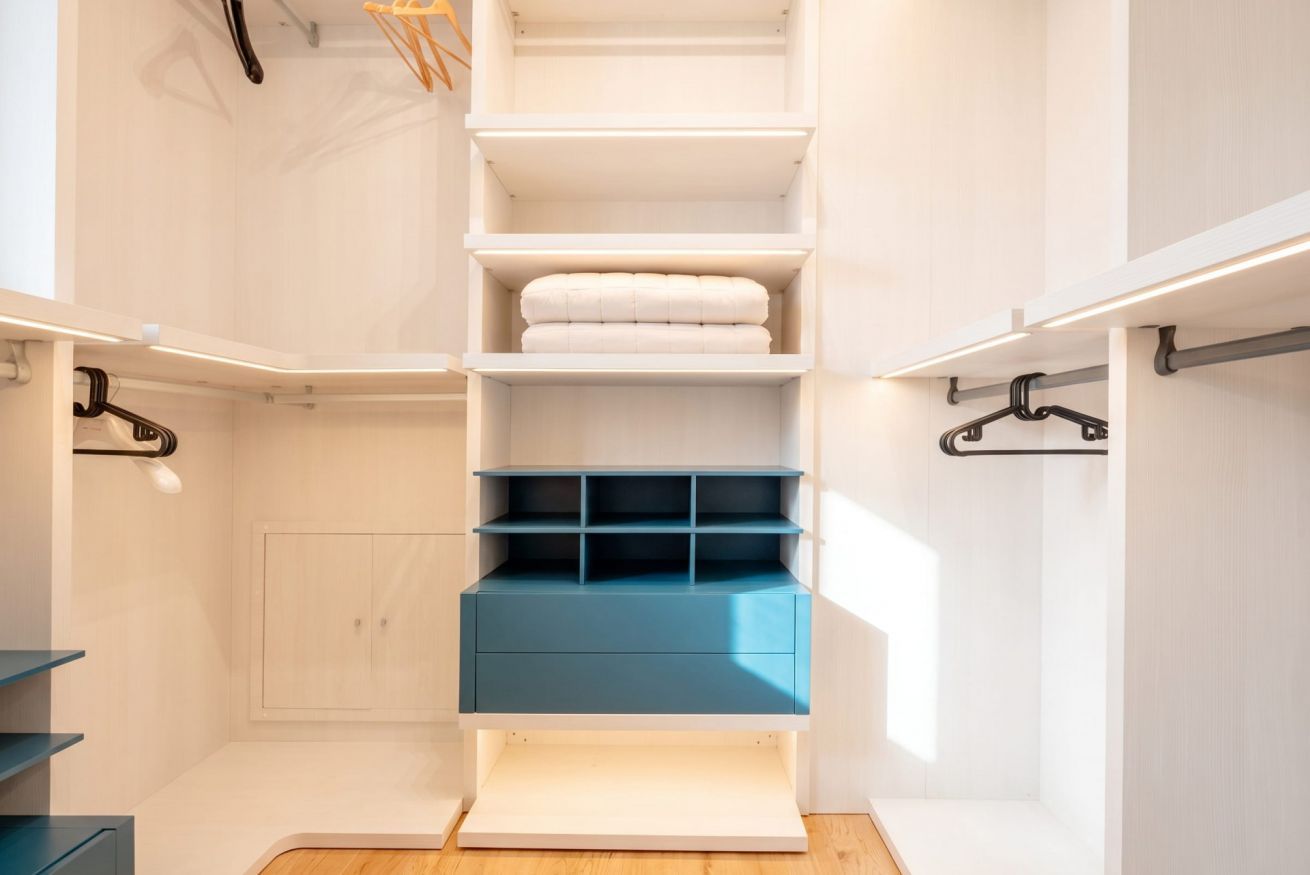 Ein begehbarer Kleiderschrank mit mehreren Regalen und Schubladen, einer Kleiderstange und einem Holzboden.
