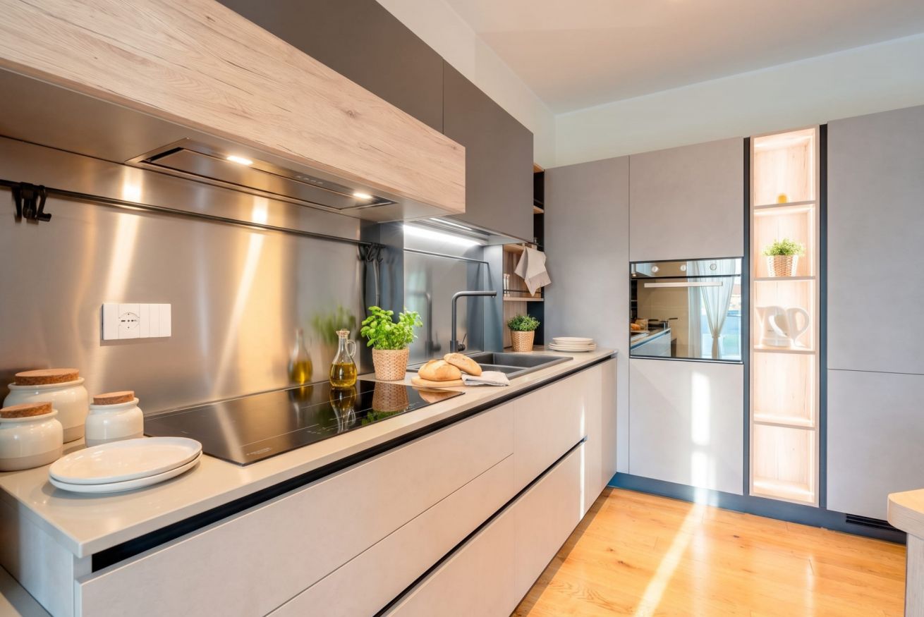 Eine moderne Küche mit einem Edelstahlherd, einem eingebauten Backofen und einer Holzausziehtafel.