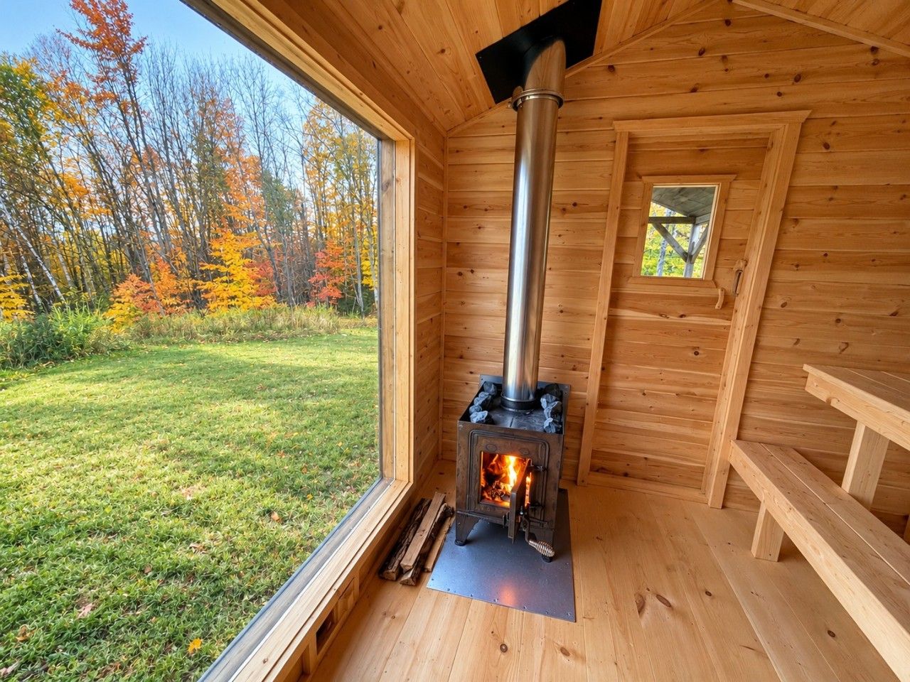 A wooden cabin with a wood-burning stove, a window overlooking a grassy area, and a bench.