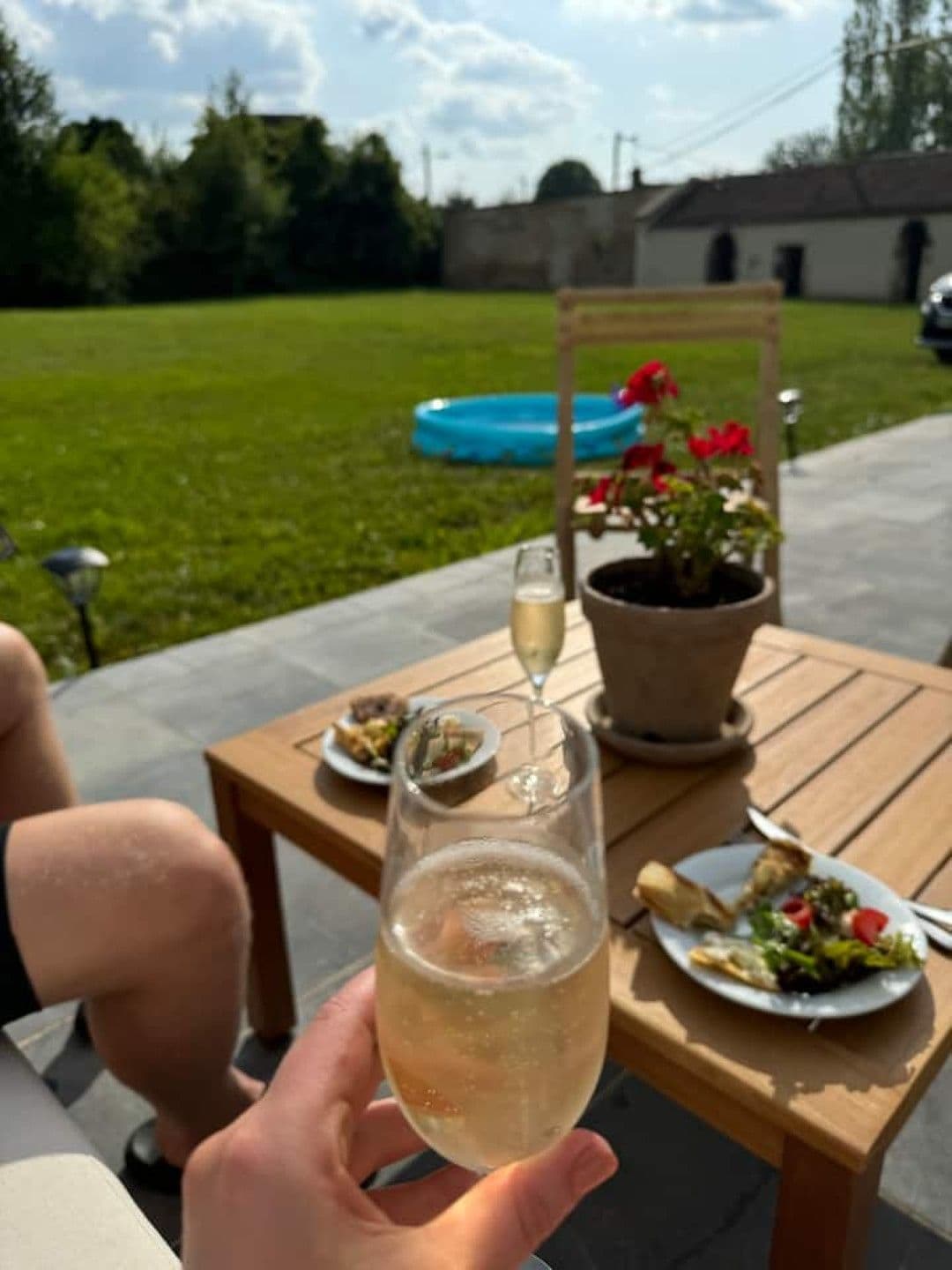 A person holding a glass of wine at an outdoor table with a pool and a potted plant in the background.