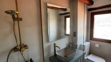 A modern bathroom with a freestanding bathtub, a large mirror, and a toilet.