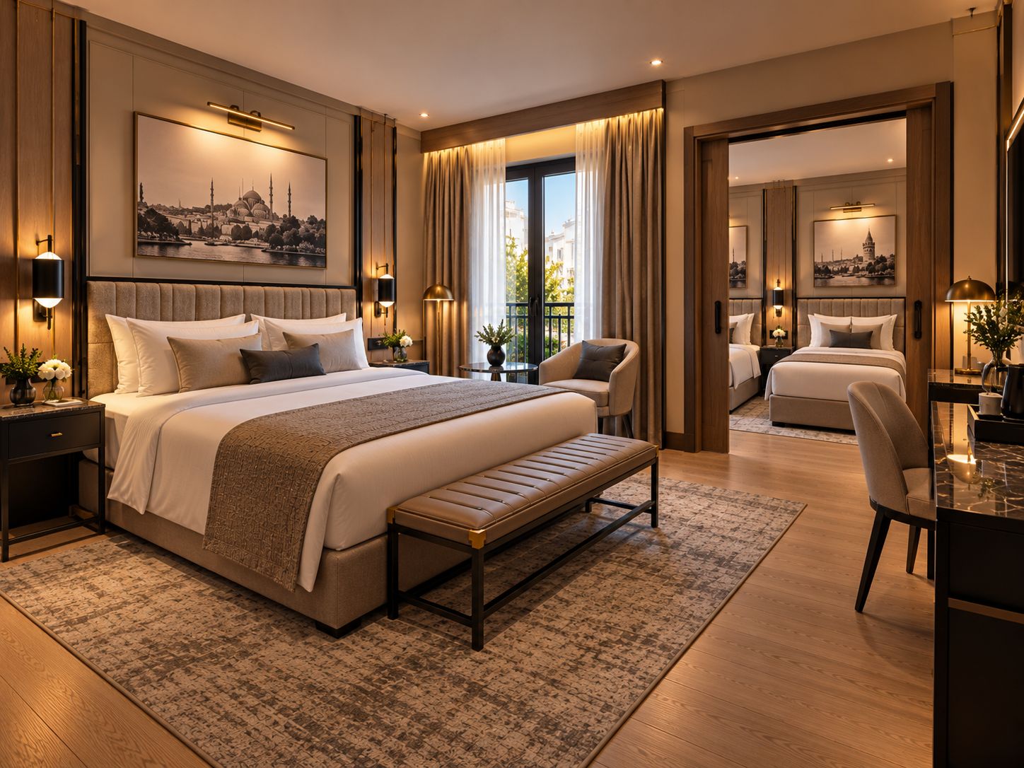 Ein geräumiges Hotelzimmer mit einem großen Bett, einer Bank, einem Schreibtisch und einem Stuhl.
