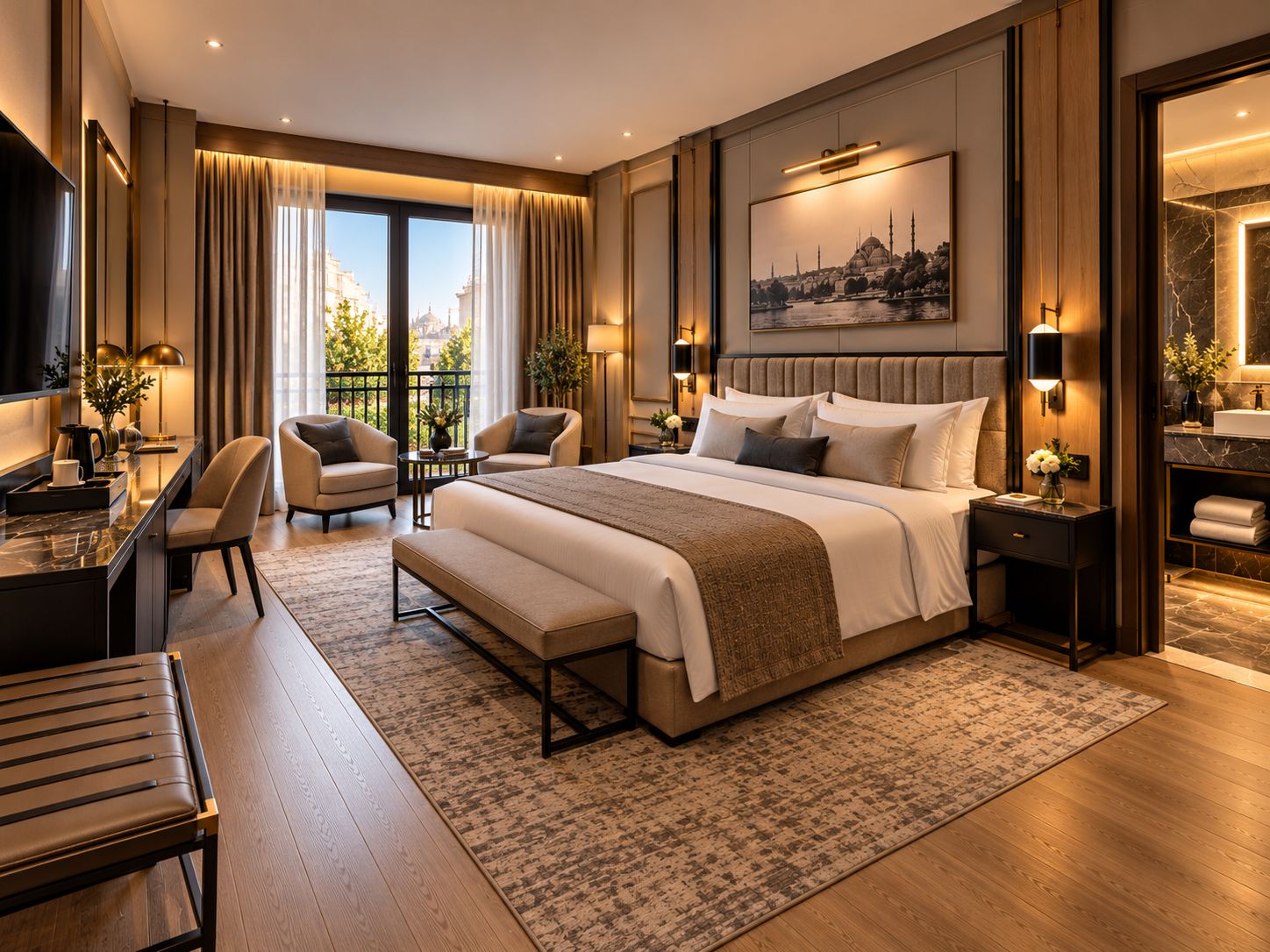 Ein modernes Hotelzimmer mit einem großen Bett, zwei Sesseln, einem Schreibtisch und Blick auf eine Stadtkulisse durch die Fenster.