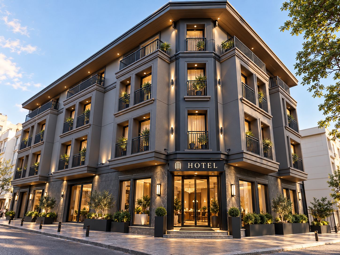 Ein mehrstöckiges Hotel mit moderner Fassade, großen Fenstern und einem markanten Eingang.