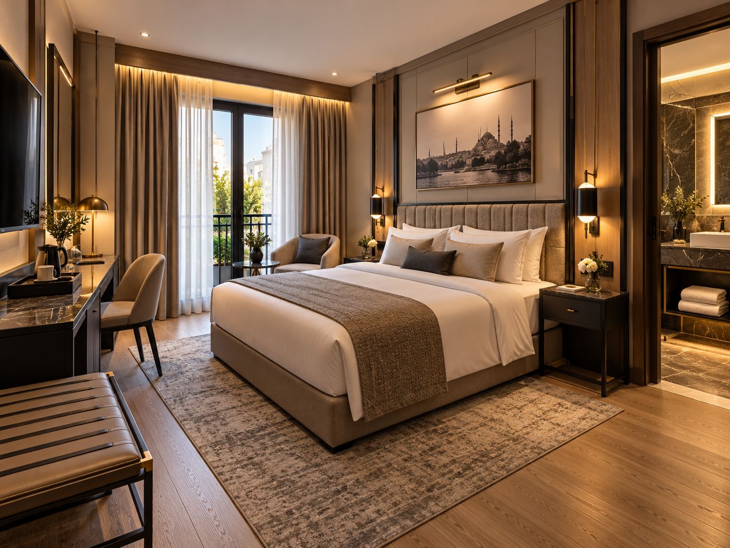 Ein modernes Hotelzimmer mit einem großen Bett, einem Schreibtisch, einem Sessel, einem Fernseher und einem Badezimmer mit Marmorplatte.