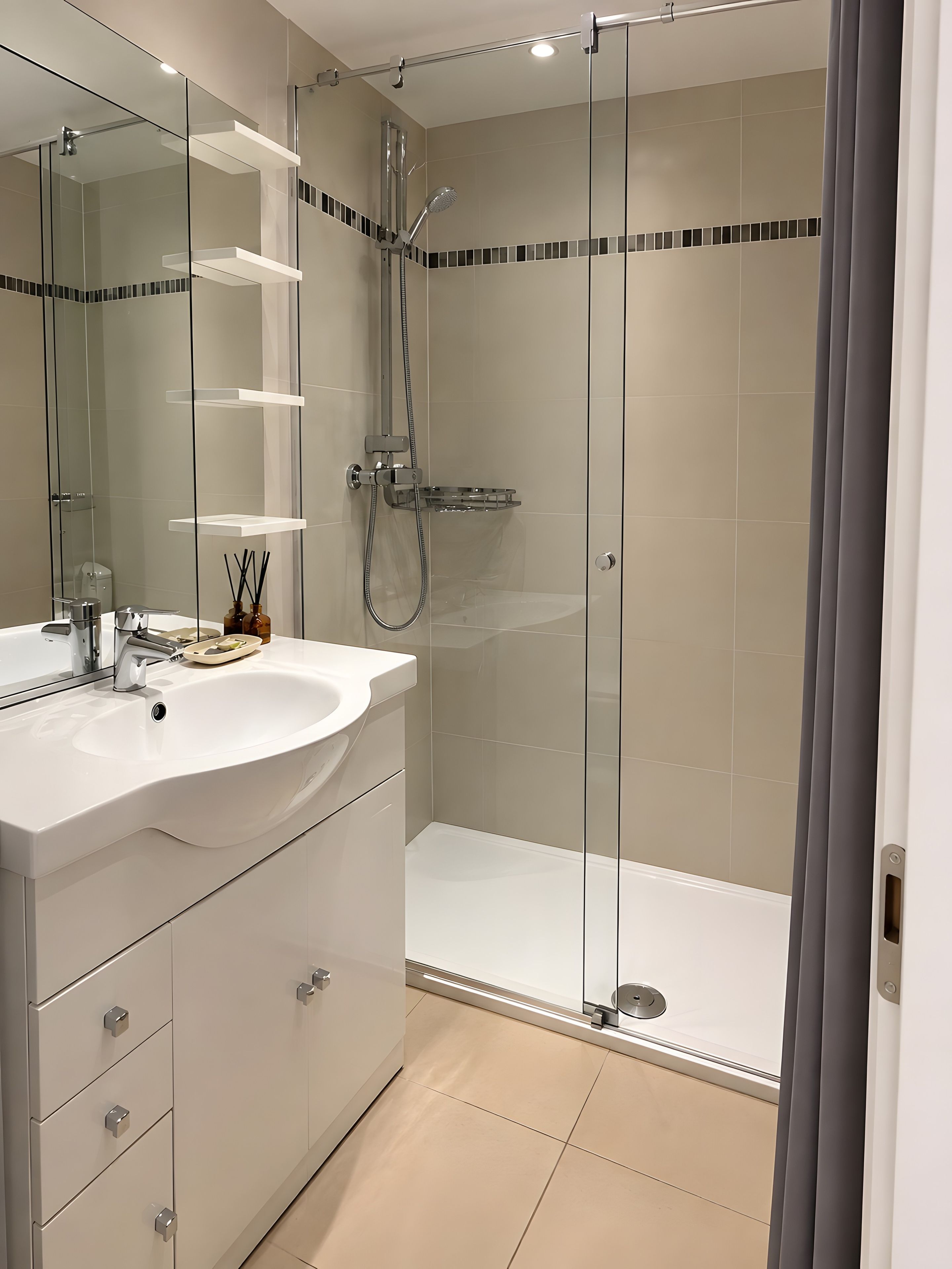 A modern bathroom with a glass-enclosed shower, a white sink, and a mirror.