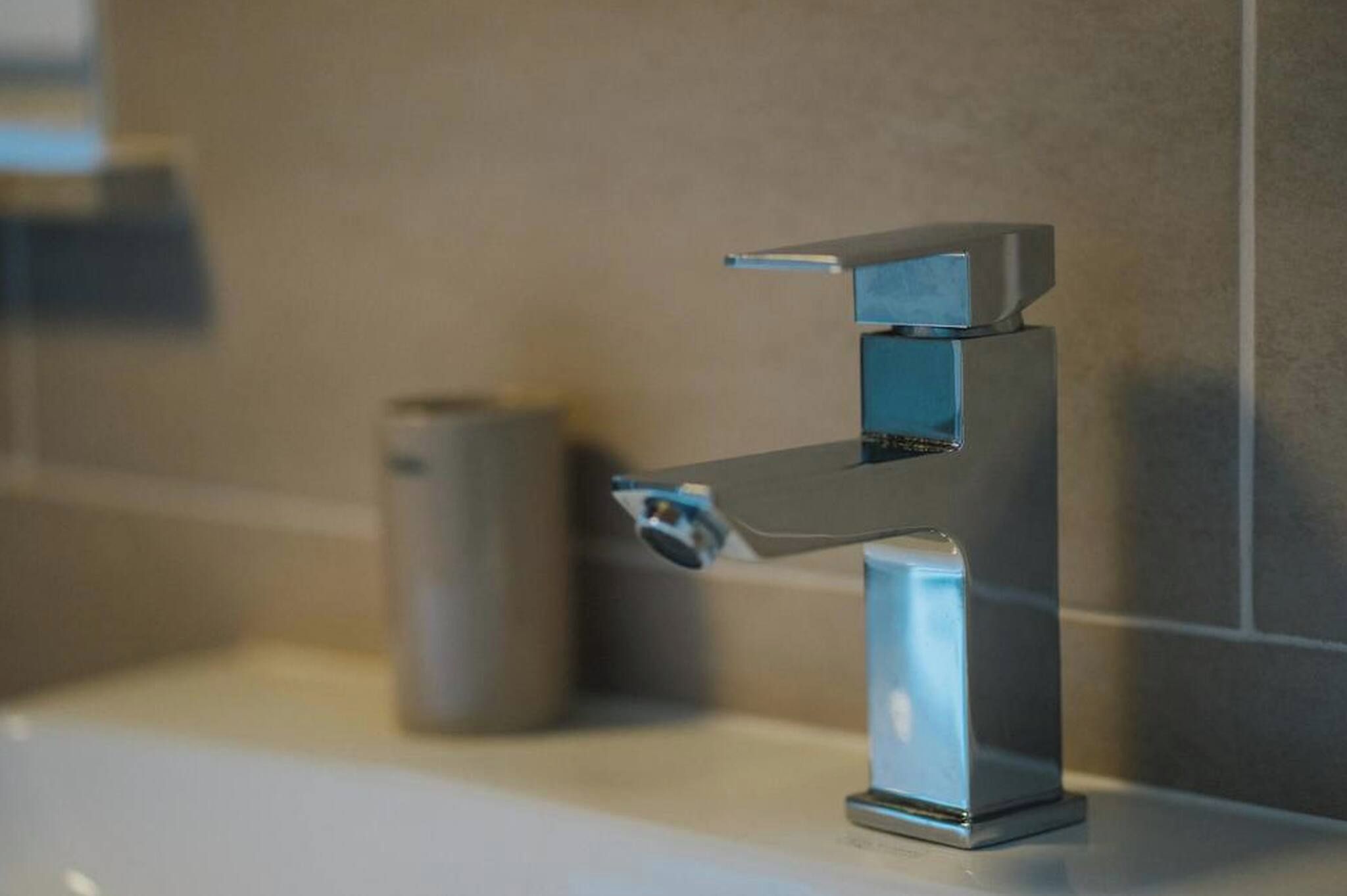 Een moderne badkamer met een chromen kraan en een toiletrolhouder.