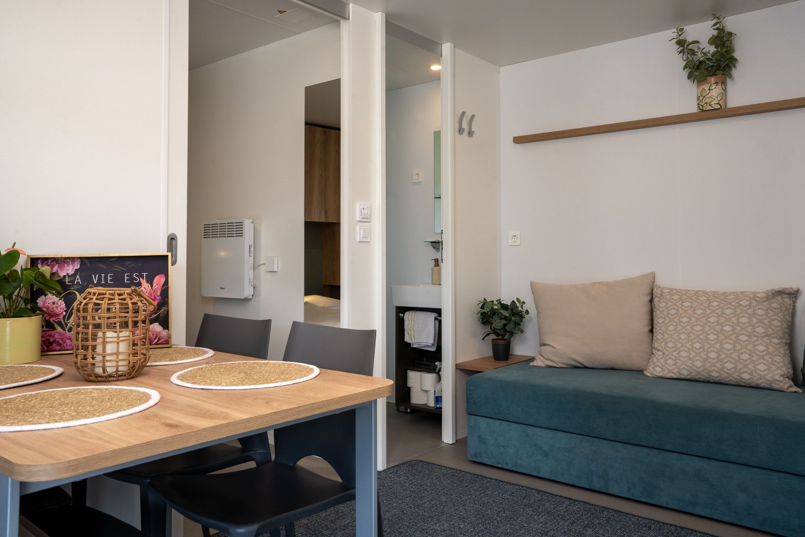 A modern living room with a wooden dining table, a teal sofa, and a small plant on a shelf.