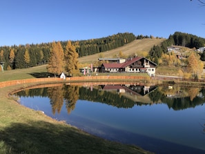 Ein Seeufergrundstück mit einem Holzhaus, einem eingezäunten Bereich und einem Spiegelbild im Wasser.