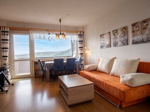 Ein Wohnzimmer mit einer Couch, einem Esstisch mit Stühlen, einem Couchtisch und Blick auf einen Wald durch ein Fenster.