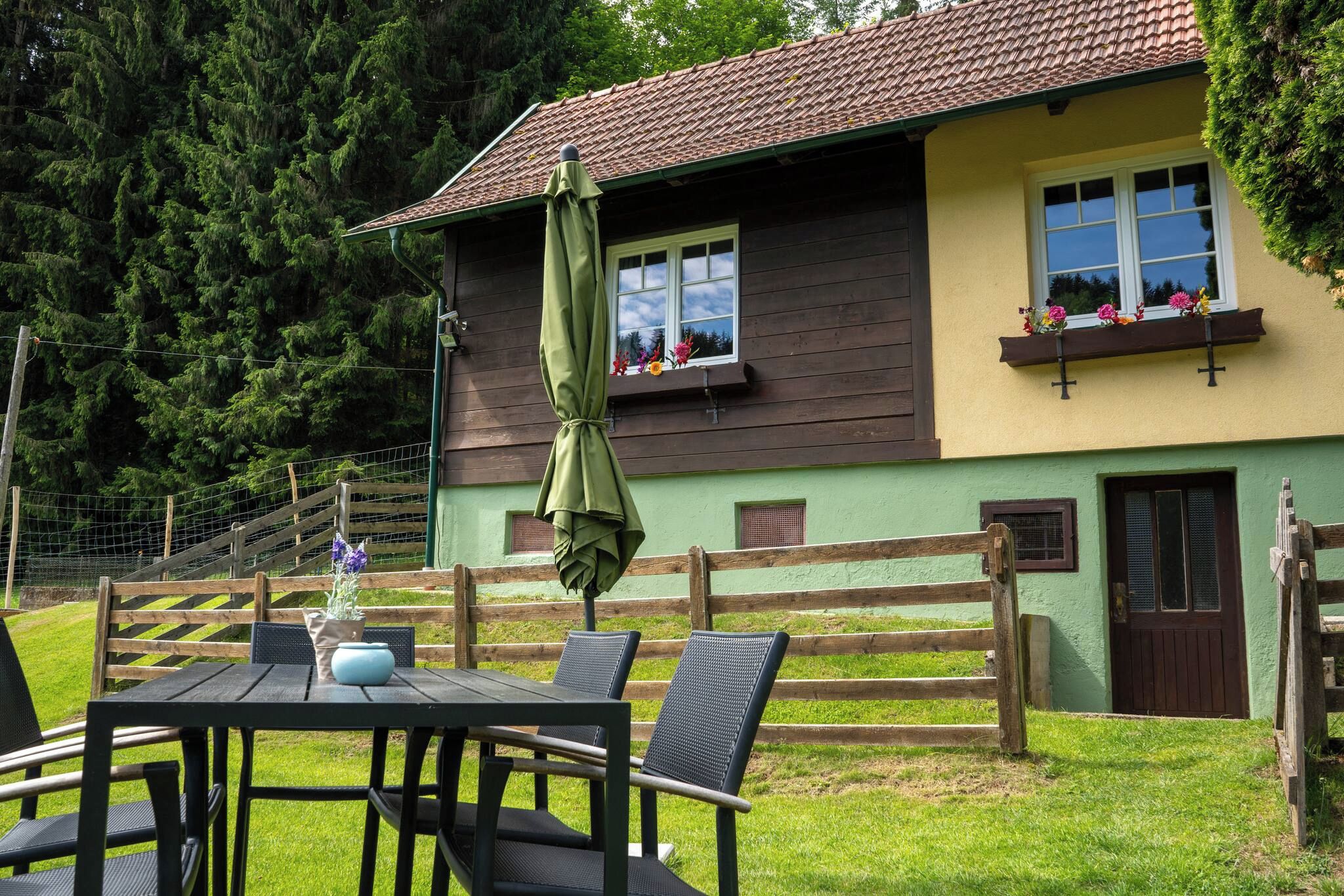 A wooden house with a green exterior, a brown roof, and a window with flower boxes.