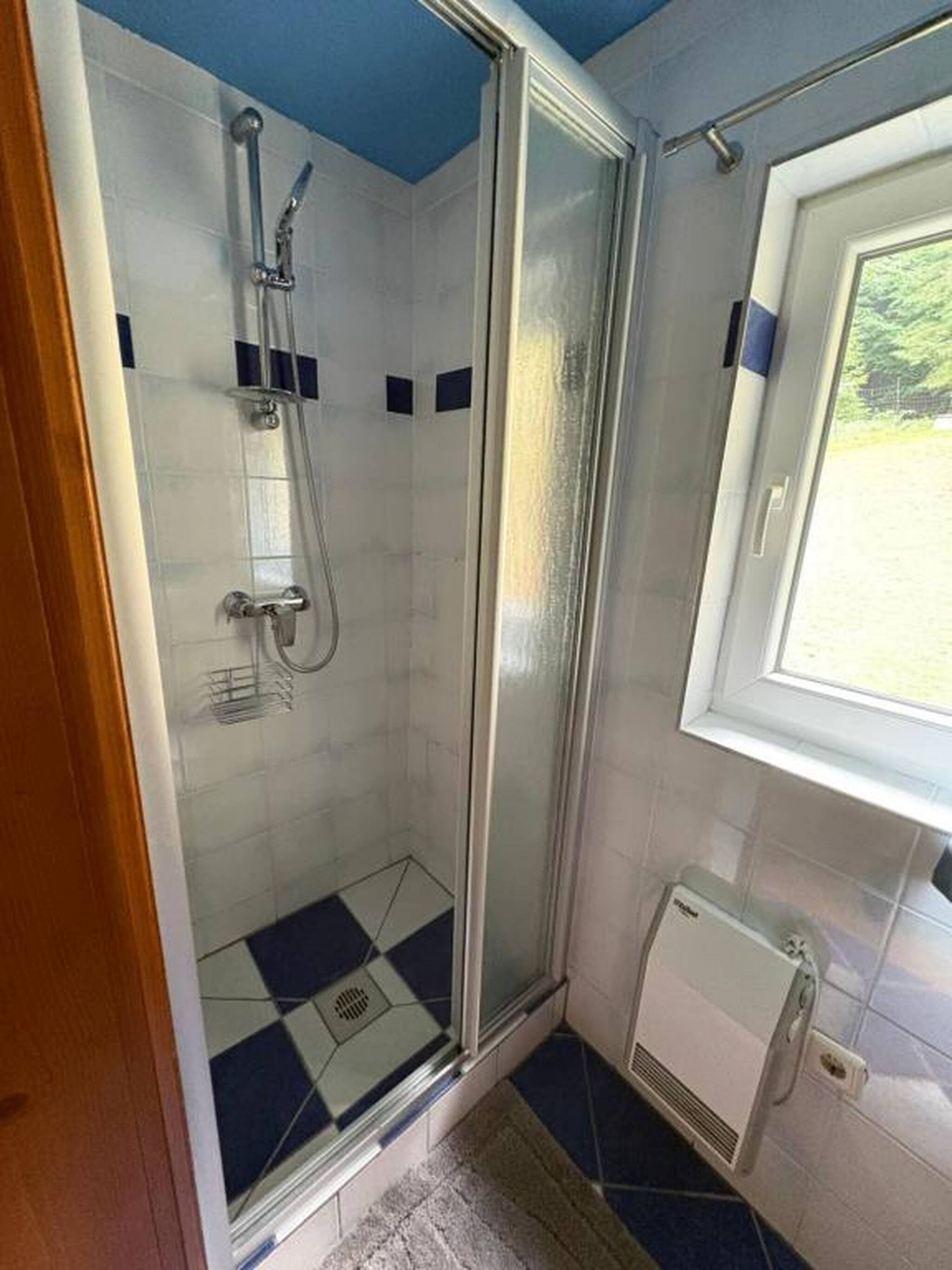 A shower area with a glass door, a window with a view, and a tiled floor.