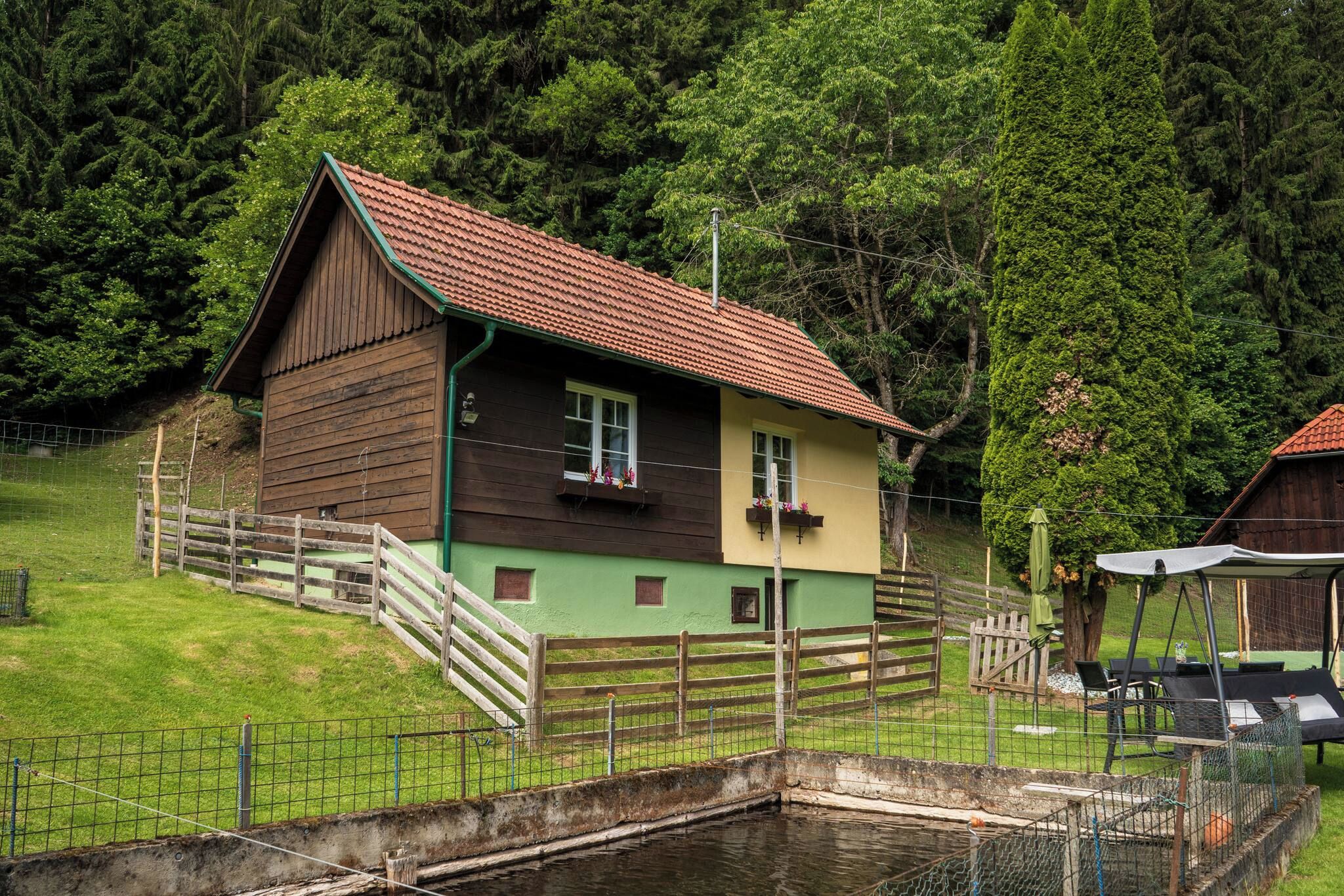 A two-story wooden house with a red-tiled roof, a fenced yard, and a small pond.
