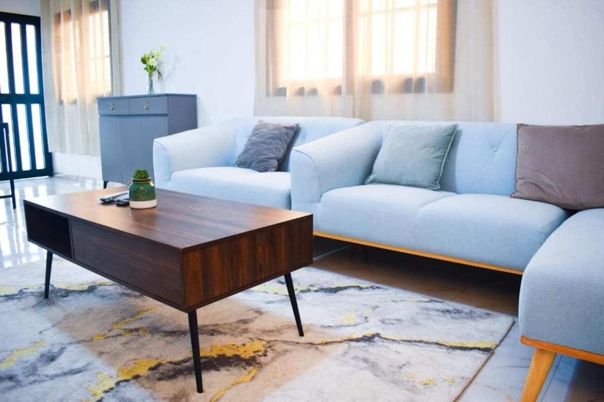 A modern living room with a light blue sofa, a dark wooden coffee table, and a patterned rug.