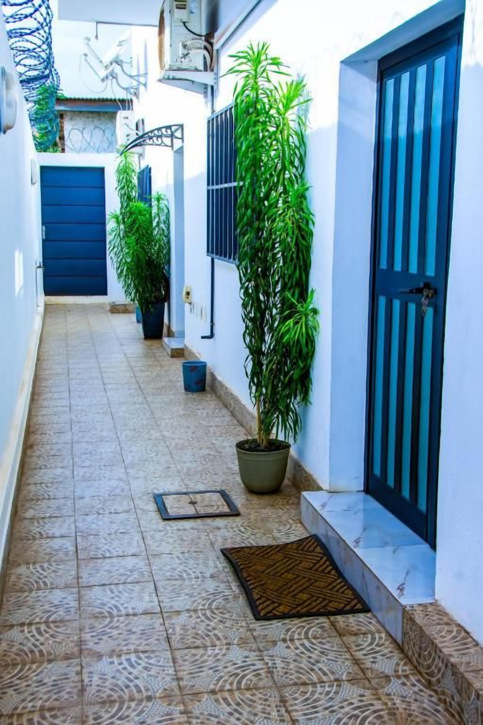 A narrow corridor with tiled flooring, potted plants, and a blue door.