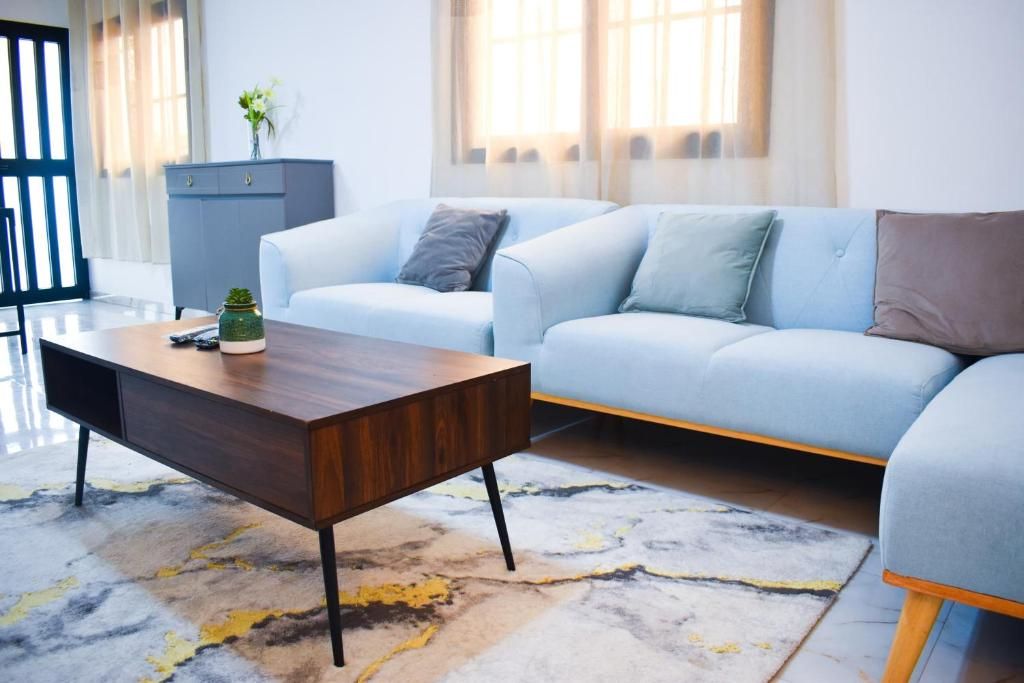 Een moderne woonkamer met een lichtblauwe bank, een donkerhouten salontafel en een kamerkleed met een patroon.