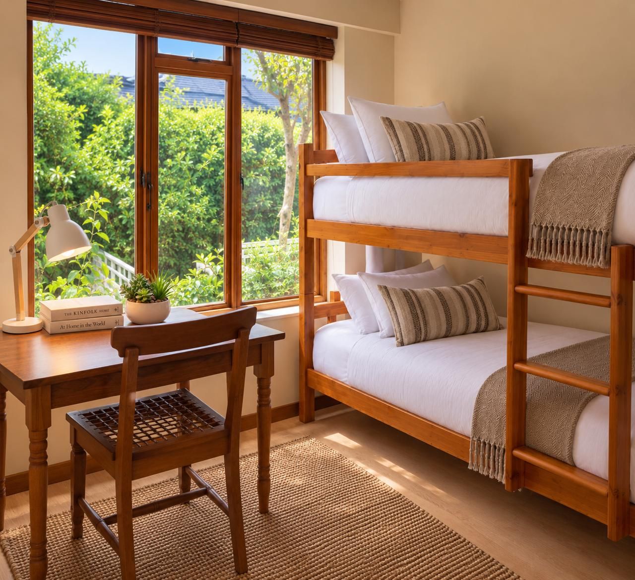 Un letto a castello con scrivania e sedia, una lampada e una finestra vista verde.