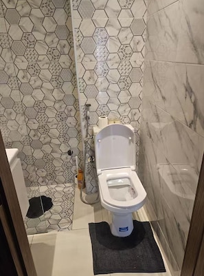 Un bany amb vàter, zona de dutxa i paret revestida de rajoles de forma hexagonal.
