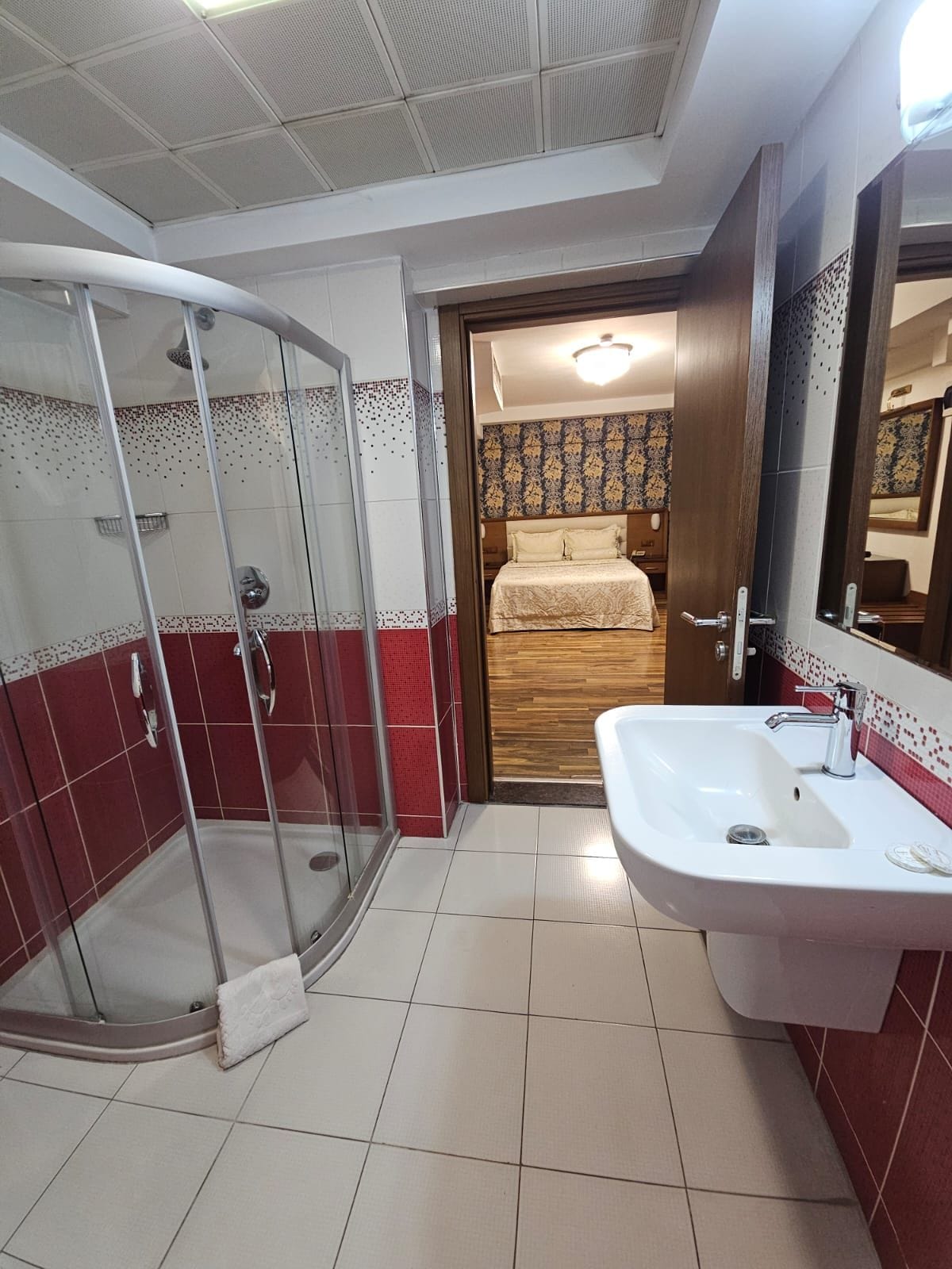 A bathroom with a glass shower enclosure, a sink, and a bed visible through an open door.