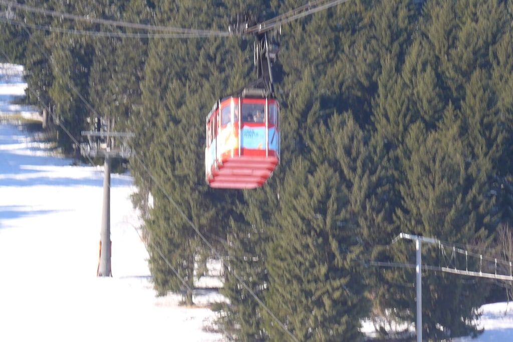 Eine Seilbahn, die zwischen zwei Masten schwebt, umgeben von dichtem Grün.