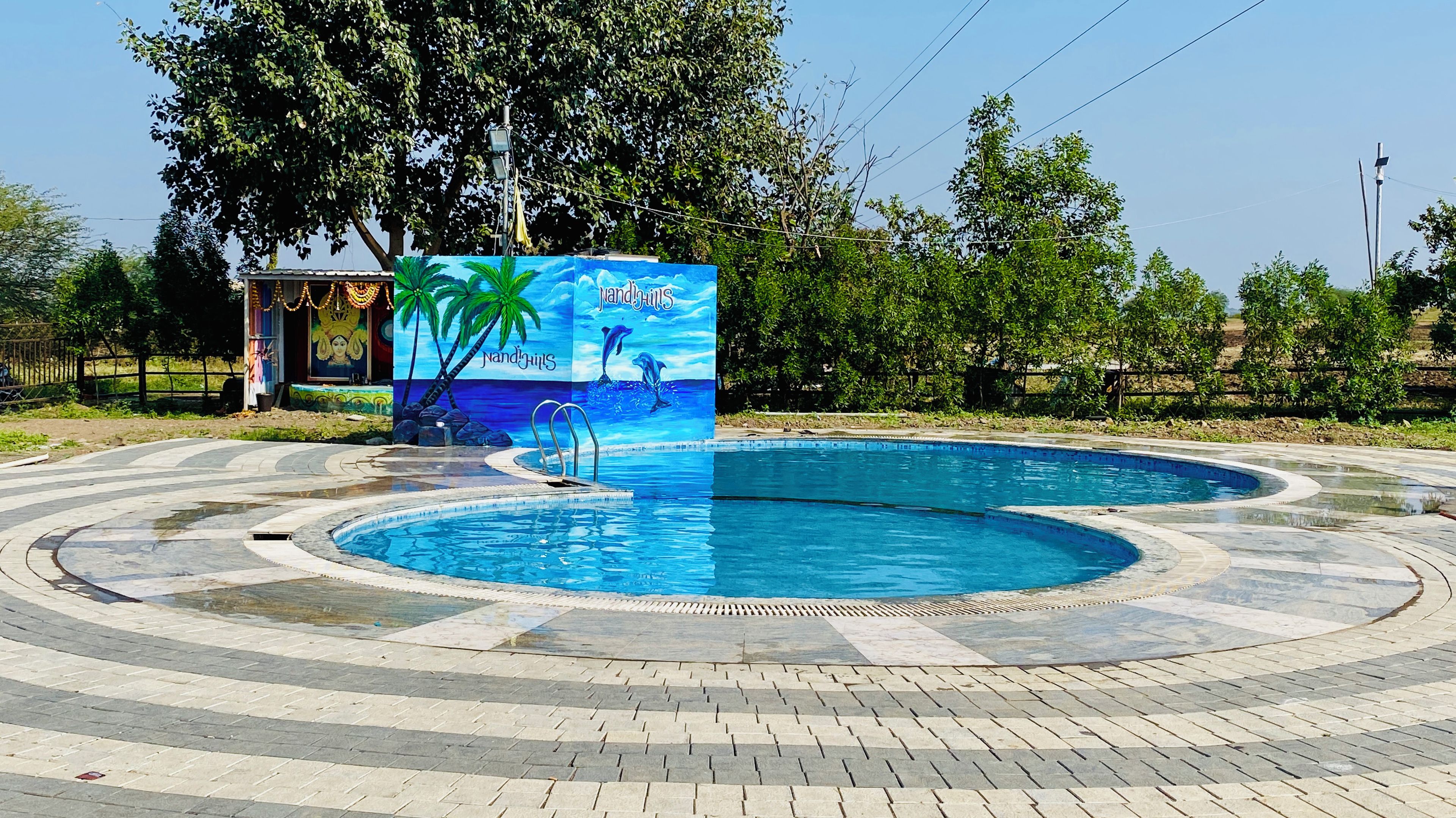 A swimming pool with a mural of dolphins and palm trees, surrounded by a paved area with a fence and trees.