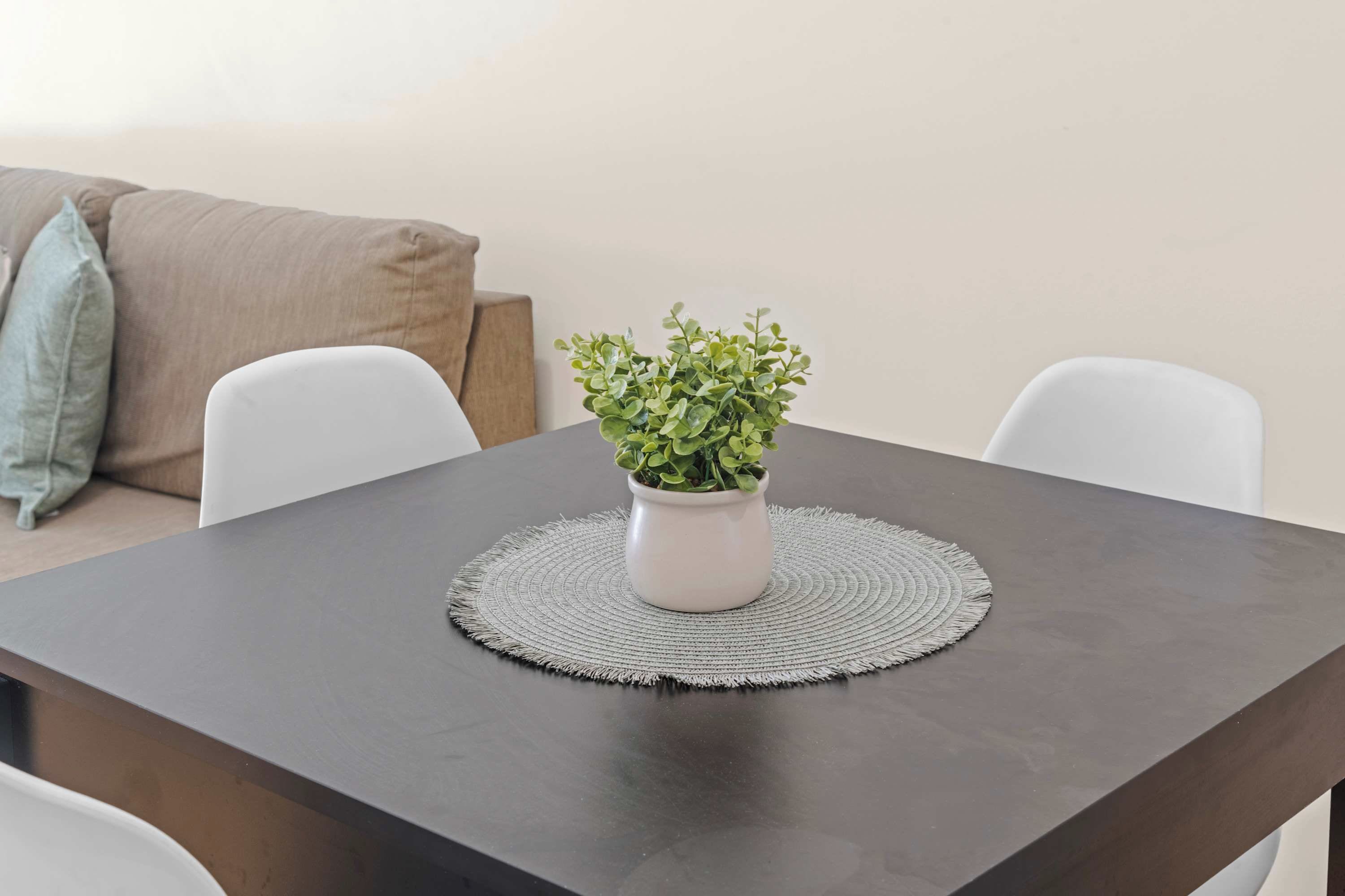 A dining table with a woven placemat, a potted plant, and two white chairs.