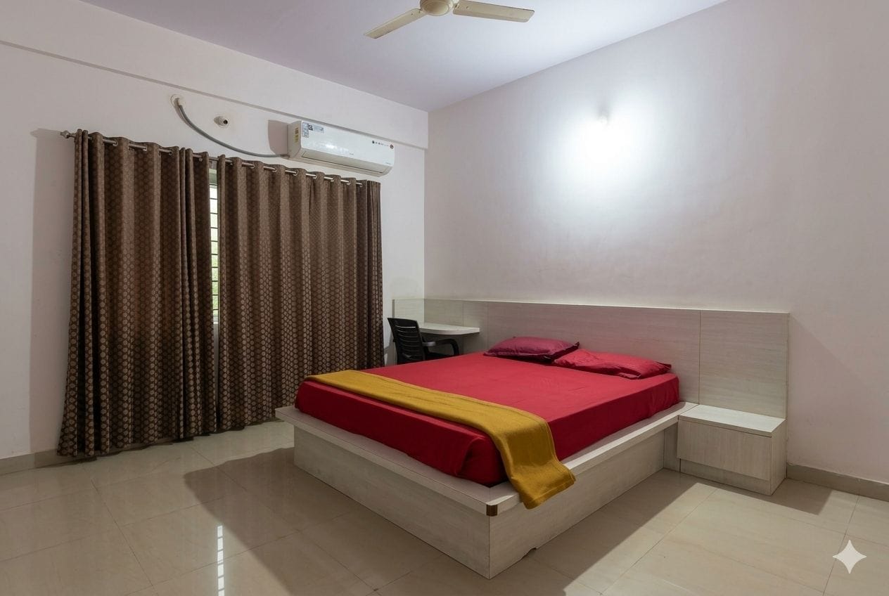 A bedroom with a bed, a bedside table, a ceiling fan, and an air conditioning unit.