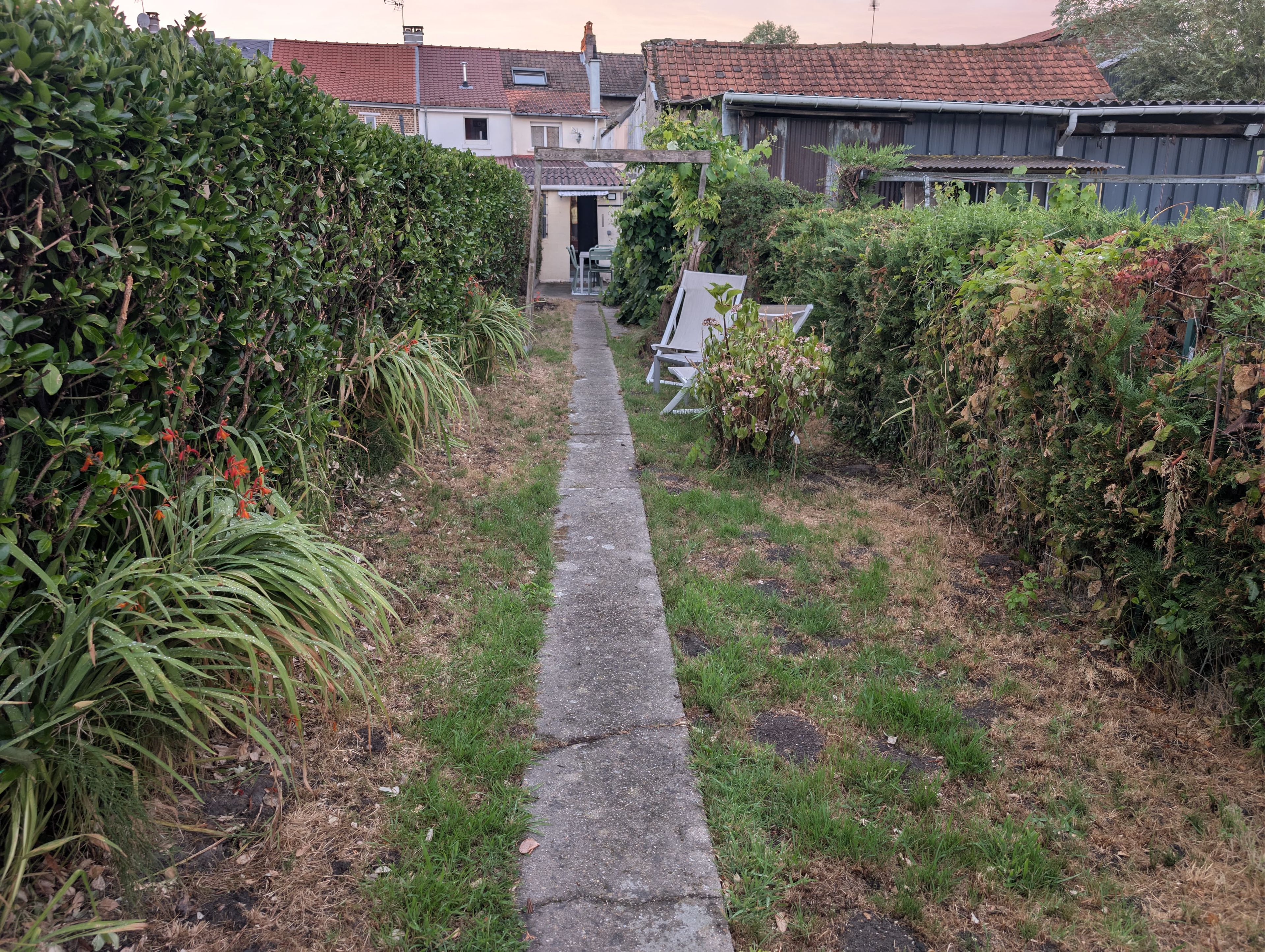 Un étroit sentier bordé d’une végétation luxuriante et de bâtiments résidentiels.