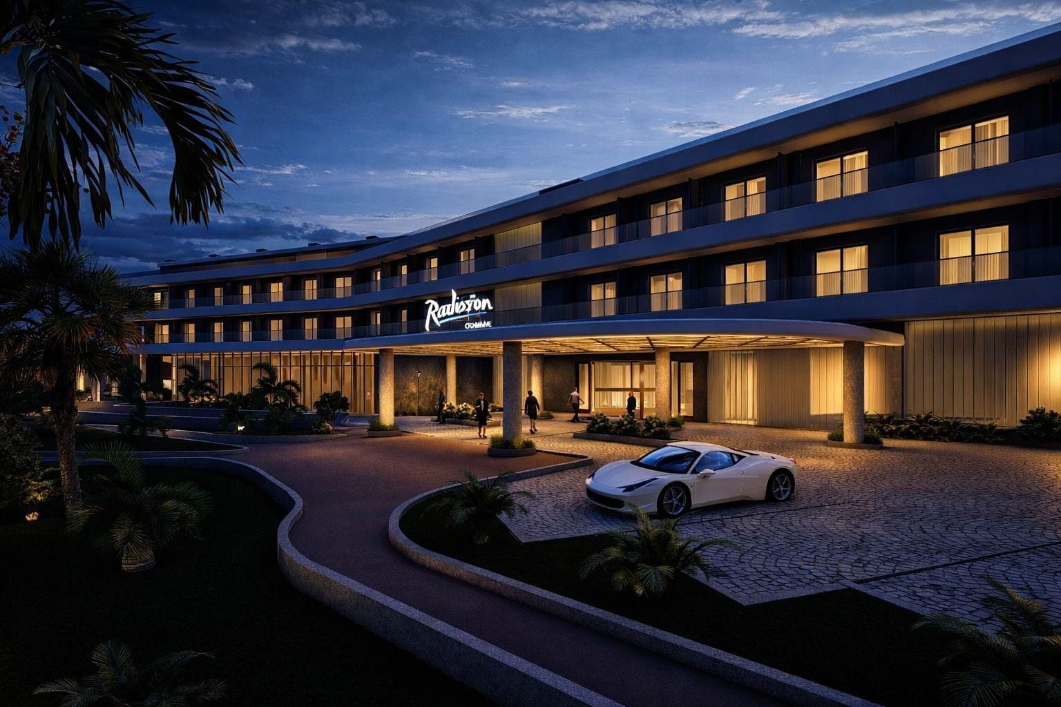 A hotel with a modern design, featuring a covered entrance and a white sports car parked in front.