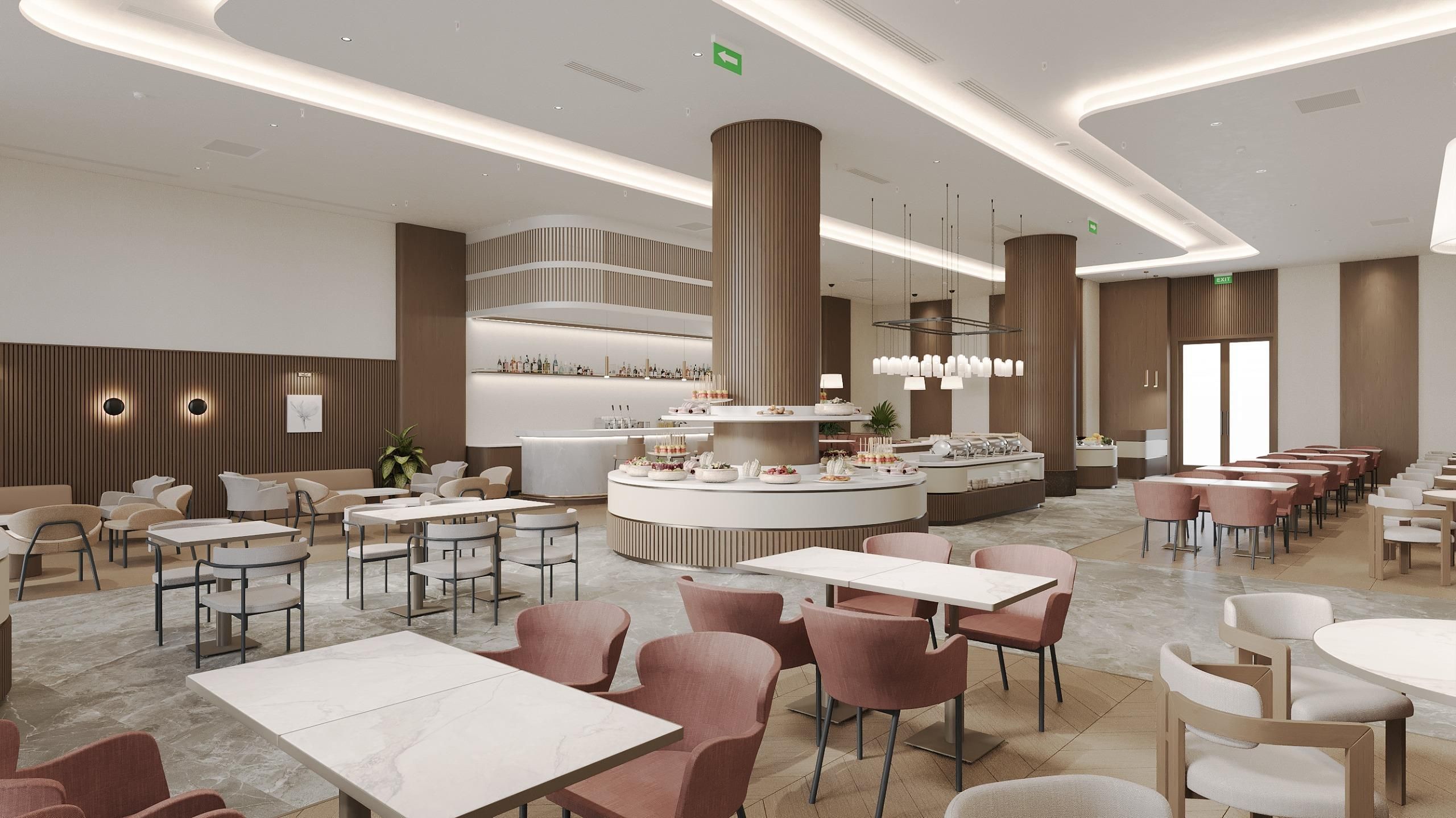 A modern hotel lobby with a central bar area, seating arrangements, and a reception desk.