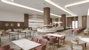 Un moderno vestíbulo de hotel con una zona de bar central, arreglos de asientos y una recepción.