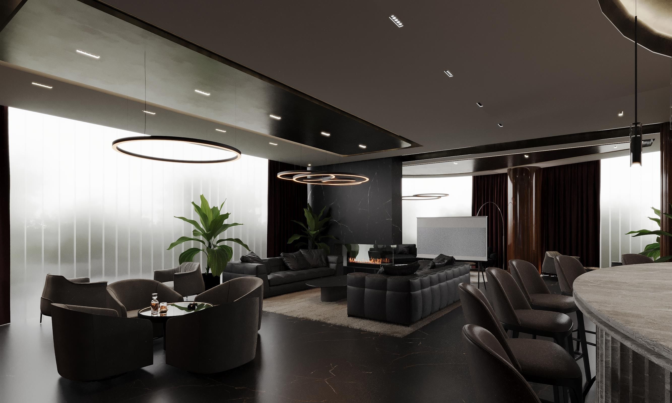 A modern living room with a fireplace, sofas, and a coffee table.