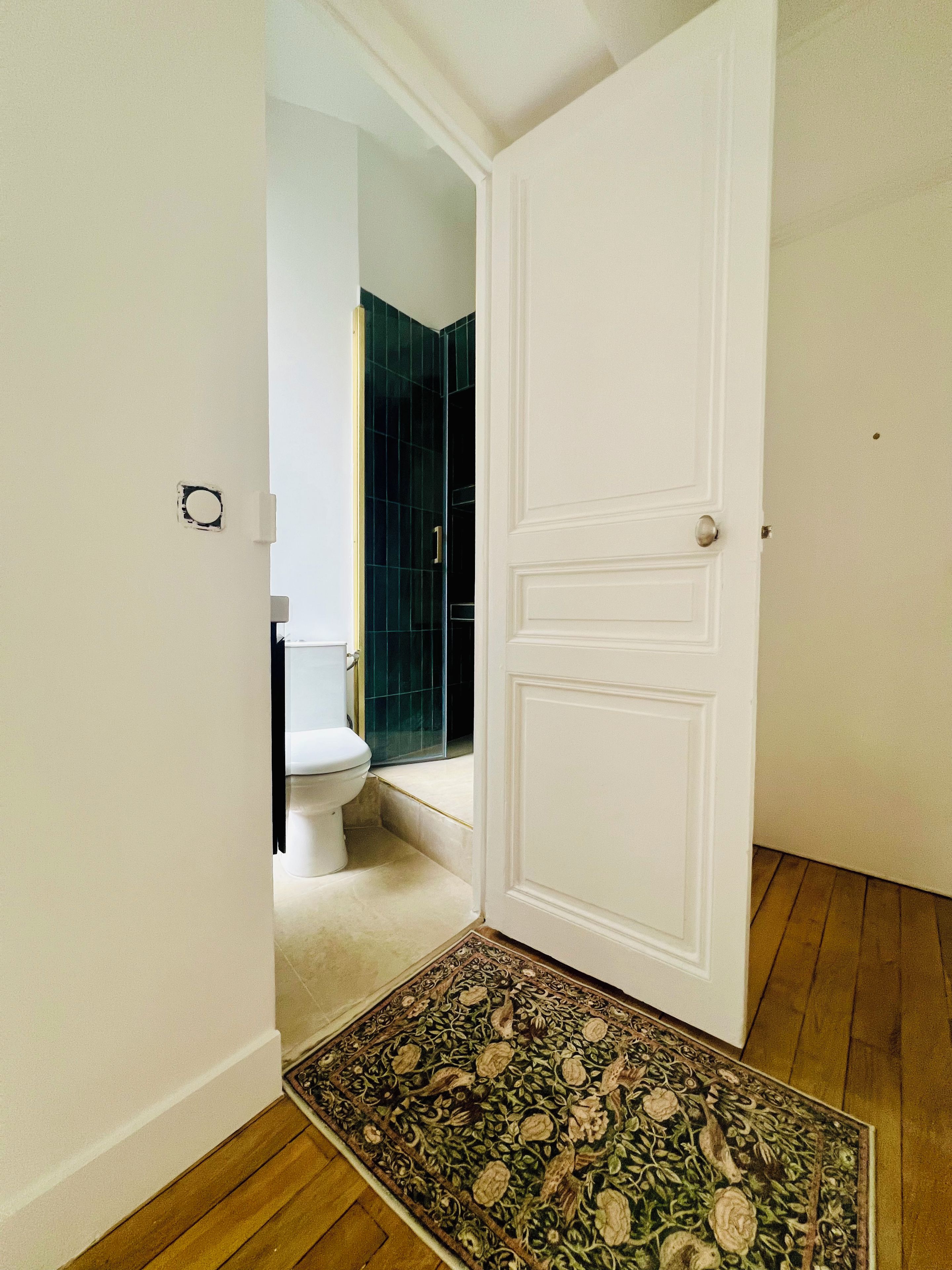 Un couloir mène à une salle de bain avec une porte blanche, un espace de douche carrelé et un tapis à motifs sur le sol.