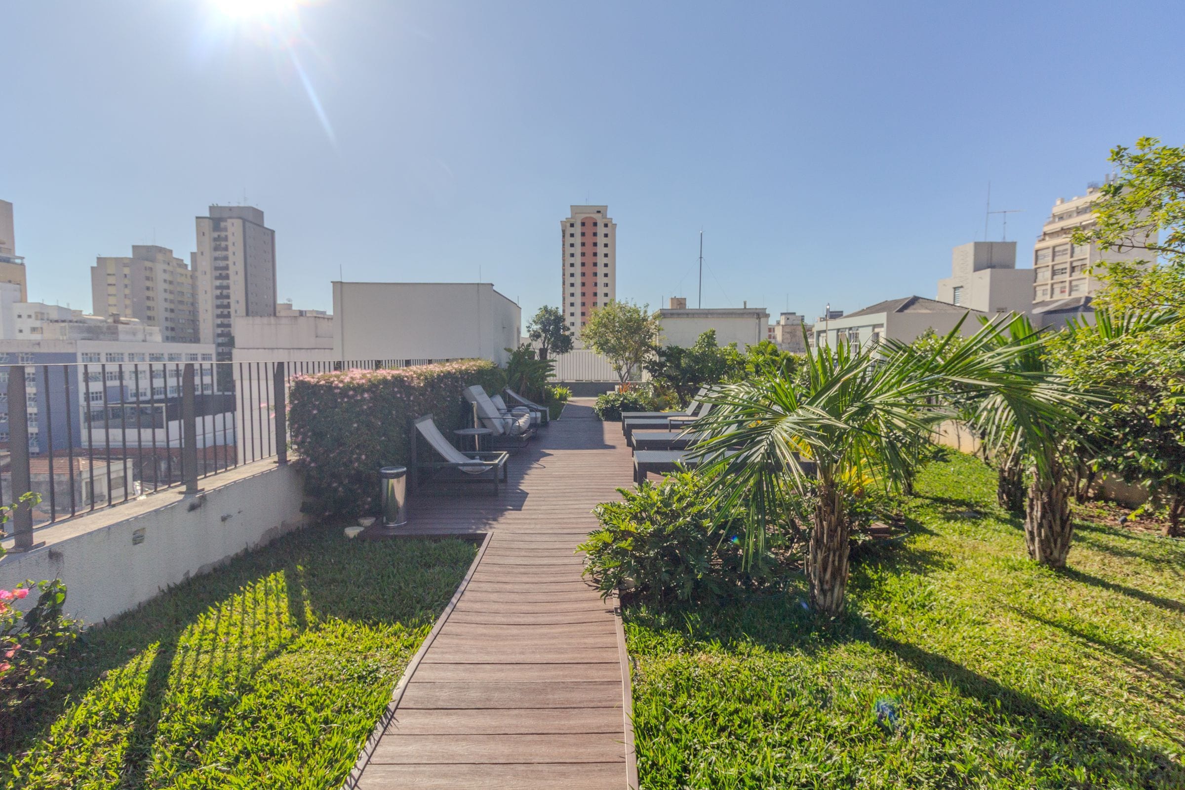 A rooftop garden with a wooden pathway, lounge chairs, and a tall building in the background.