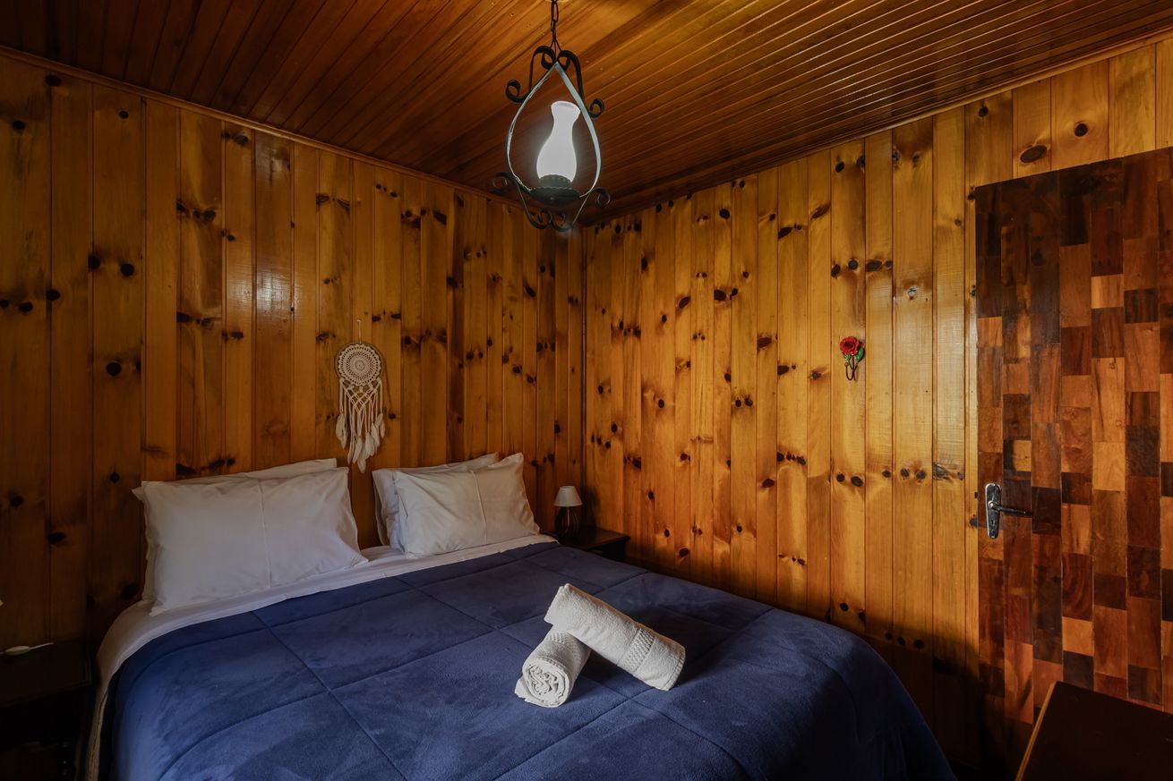 A wooden-paneled room with a bed, a hanging light fixture, and a door with a wooden panel design.