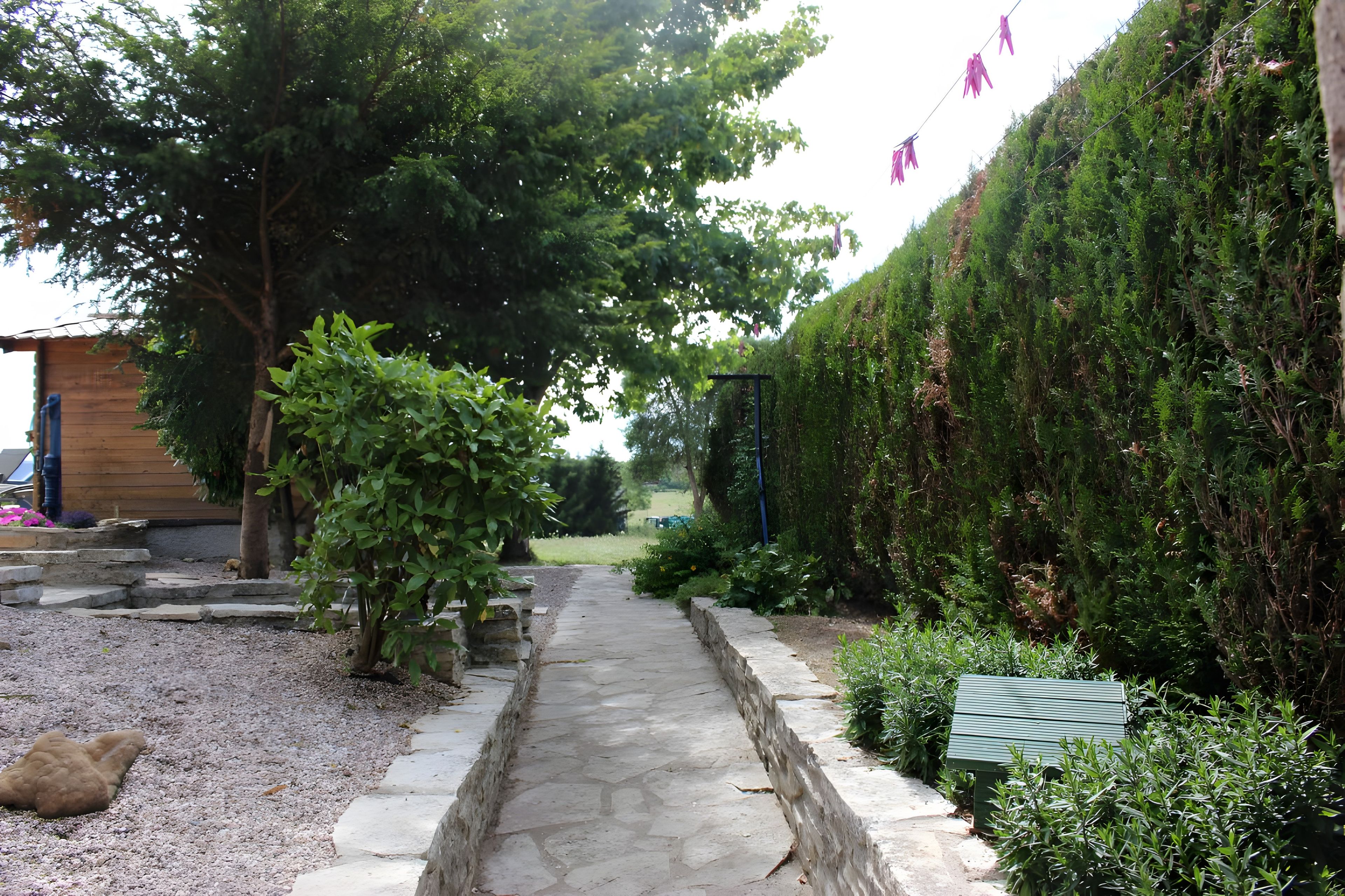 A pathway leading through a garden with a wooden structure on the left and a hedge on the right.