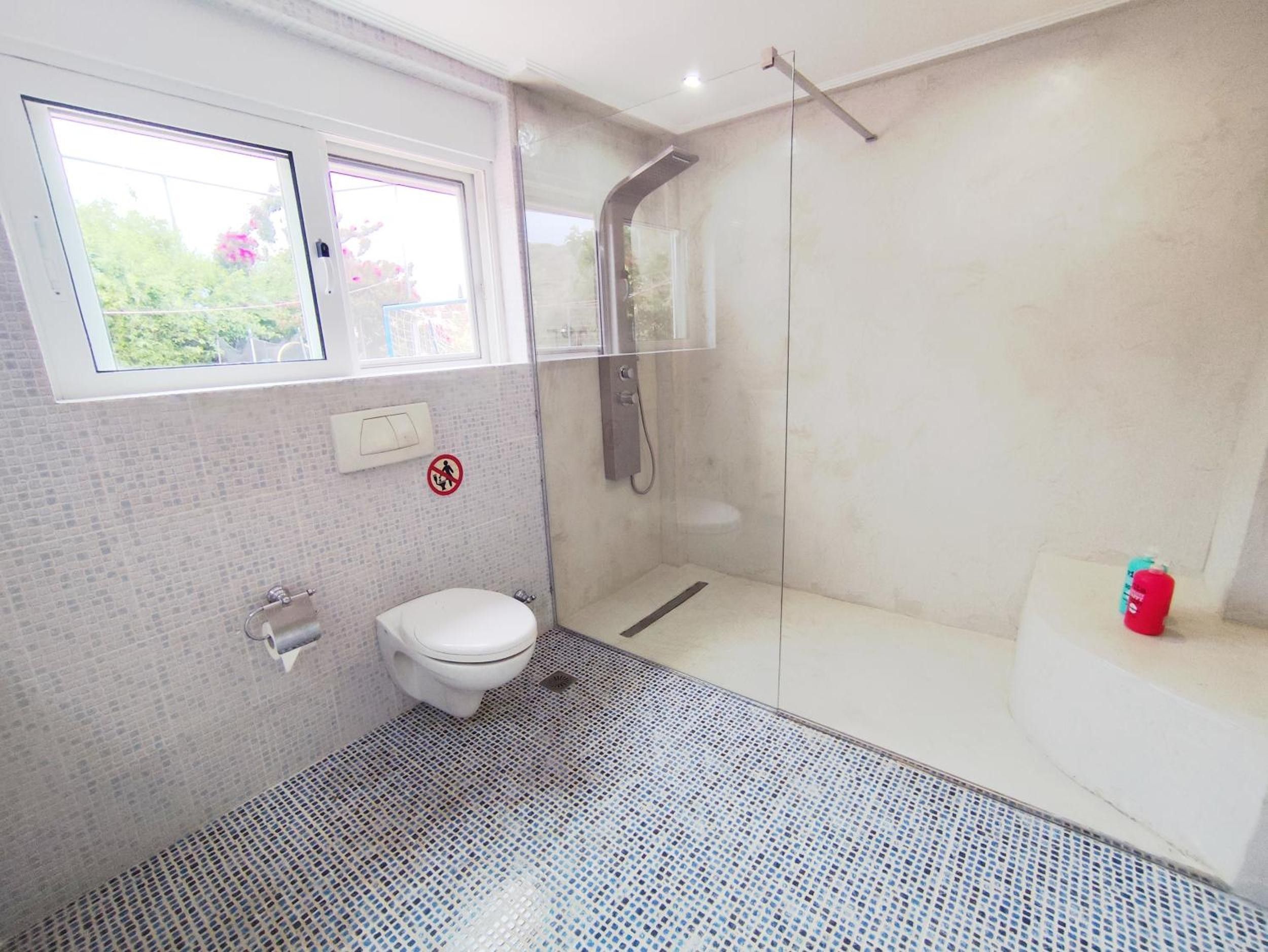 A bathroom with a toilet, bidet, and shower.